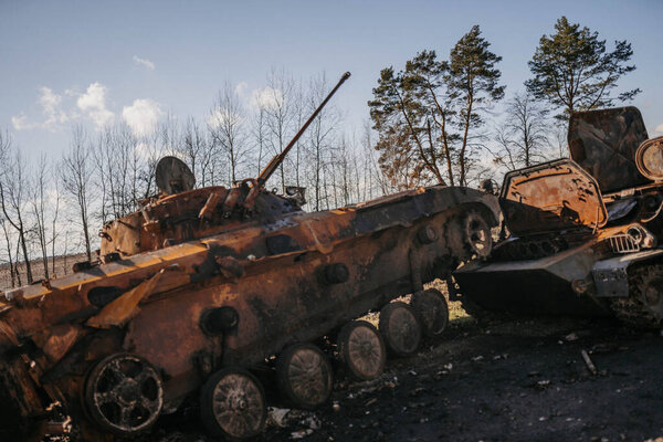 Borodyanka, Kyiv region, Ukraine. April 08, 2022: destruction and burnt out Russian military vehicle in Borodyanka