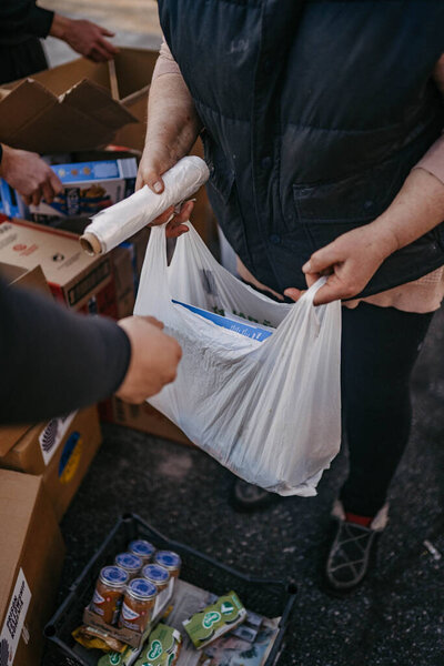 Borodyanka, Kyiv region, Ukraine. April 08, 2022: Humanitarian assistance in liberated village Borodyanka