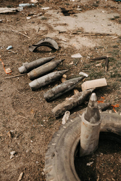 Borodyanka, Kyiv region, Ukraine. April 08, 2022: russian ammunition in liberated village Borodynka 