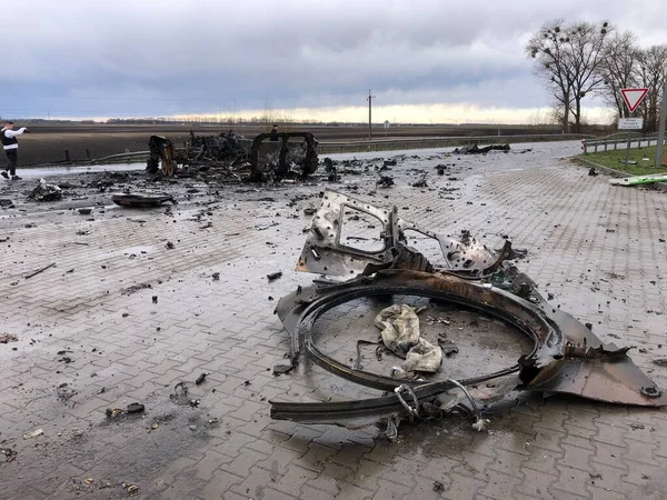 우크라 Kyiv 지역의 보르도다냐카 2022 산카에서 러시아 파괴되고 전소됨 로열티 프리 스톡 이미지