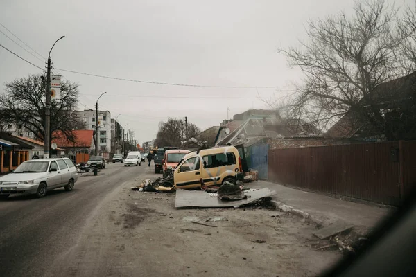 Borodyanka, regione di Kiev, Ucraina. 08 aprile 2022: il devastato villaggio di Borodyanka, recentemente liberato dai russi — Foto stock