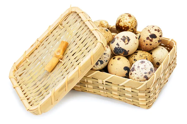 Křepelčí vejce v košíku izolovaných na bílém — Stock fotografie