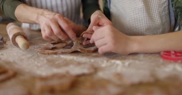 Glad mor och son matlagning kakor tillsammans i köket. Familjedag, matlagning, mamma och son koncept. Närbild. Långsamma rörelser — Stockvideo