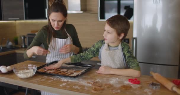 Une mère heureuse et son petit garçon tout-petit étalent des biscuits sur une plaque à pâtisserie. Cuire les biscuits ensemble dans la cuisine. Journée de la famille, Cuisine, concept maman et fils. Mouvement lent — Video