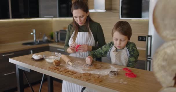 Genç anne ve oğlu mutfakta birlikte kurabiye pişiriyorlar. Anne ve bebek şekilli ev yapımı kurabiyeleri kestiler. Yavaş çekim — Stok video