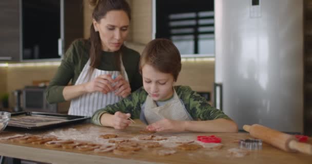 Junge Mutter und Sohn backen gemeinsam in der Küche Plätzchen. Mutter und Kind schneiden selbstgebackene Plätzchen mit Formen aus. Zeitlupe — Stockvideo