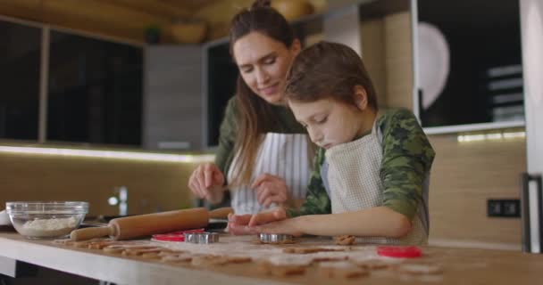 Jonge moeder en zoon koken samen koekjes in de keuken. Mam en baby jongen sneden zelfgemaakte koekjes met vormen eruit. Langzame beweging — Stockvideo