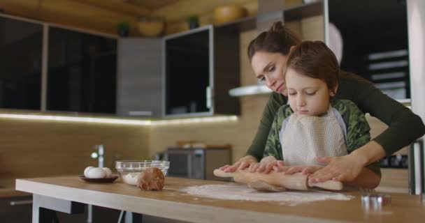 Μητέρα και ο μικρός γιος κάνει χειροποίητα μπισκότα στο σπίτι, τροχαίο ακατέργαστη ζύμη μαζί στην κουζίνα. Παιδί που μαγειρεύει με γονείς, σεφ, οικογένεια που περνάνε χρόνο μαζί. Αργή κίνηση — Αρχείο Βίντεο
