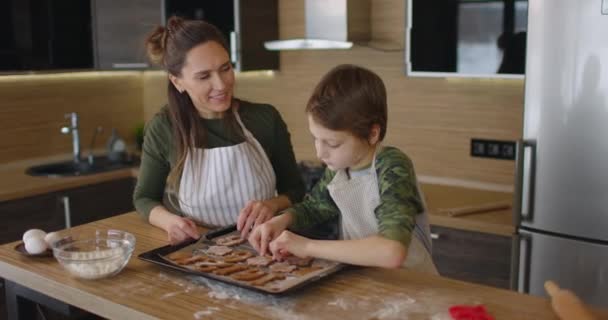Une mère heureuse et son petit garçon tout-petit étalent des biscuits sur une plaque à pâtisserie. Cuire les biscuits ensemble dans la cuisine. Journée de la famille, Cuisine, concept maman et fils. Mouvement lent — Video