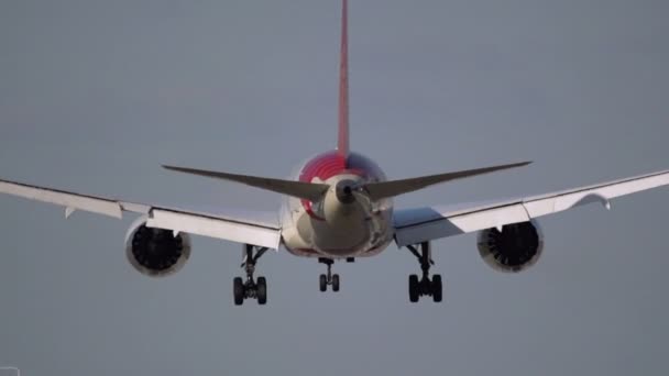 Flugzeug landet nachts in Zeitlupe — Stockvideo