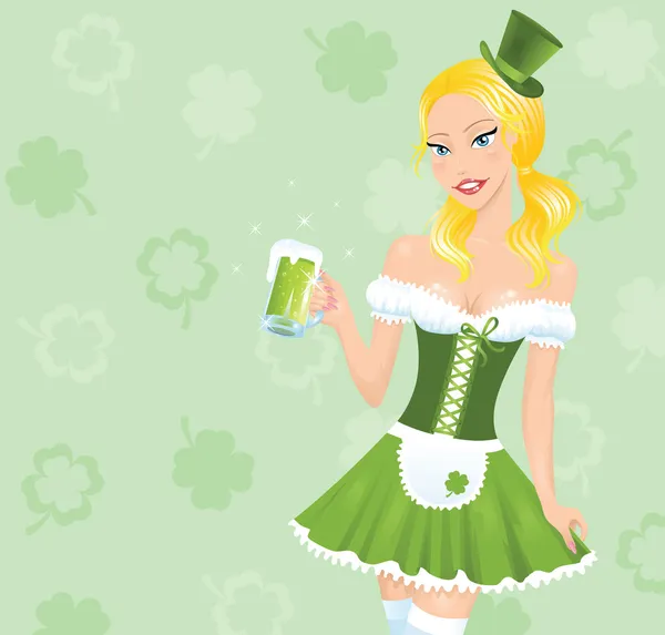 Irish looking cartoon girl holding mug of a beer. — Stock Vector
