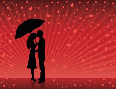 siluetleri erkek ve kadın ayakta ve kırmızı zemin üzerine sarılma. bir şemsiye tutan kadın. Hearts Yağmur.