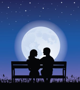 erkek ve gece bir bankta oturan kadın siluetleri. arka plan ay ve yıldız.