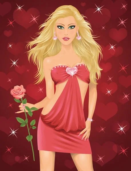 elinde bir gül pembe elbiseli seksi sarışın kız.