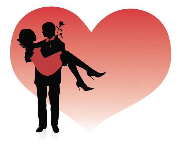 Silhouette eines Mannes, der eine Frau in seinen Händen hält. rotes Herz auf einem Hintergrund. — Stockvektor