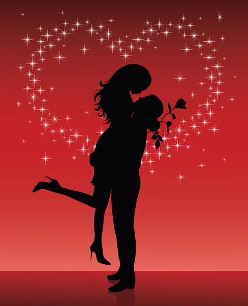 bir erkek bir kadın sparkles, bir kalp şeklinde bir kırmızı zemin üzerine ellerini yukarı kaldırarak silüeti.
