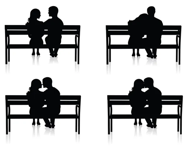 Diferentes siluetas de parejas en bancos . — Archivo Imágenes Vectoriales