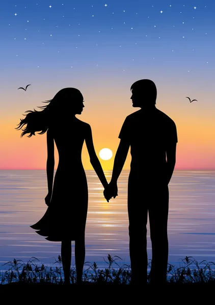 Silhouettes d'homme et de femme debout et tenant la main au moment du soir. Sur le fond coucher de soleil et étoiles sur la mer . — Image vectorielle