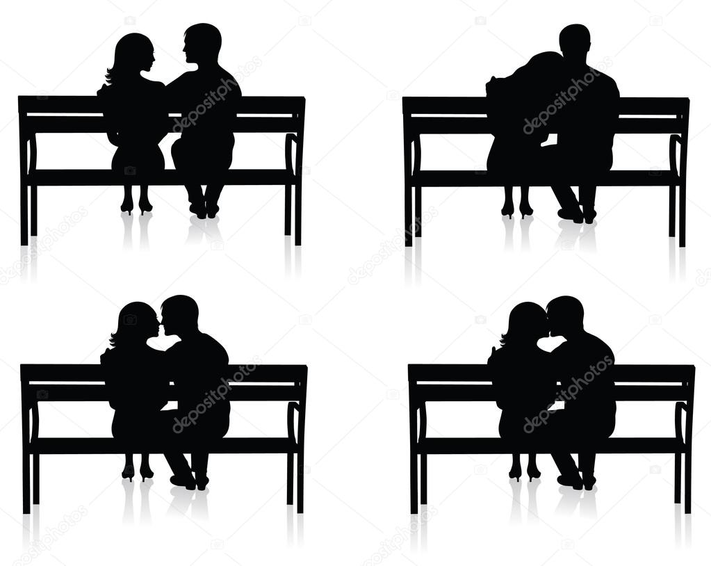 Different silhouettes of couples on benches.