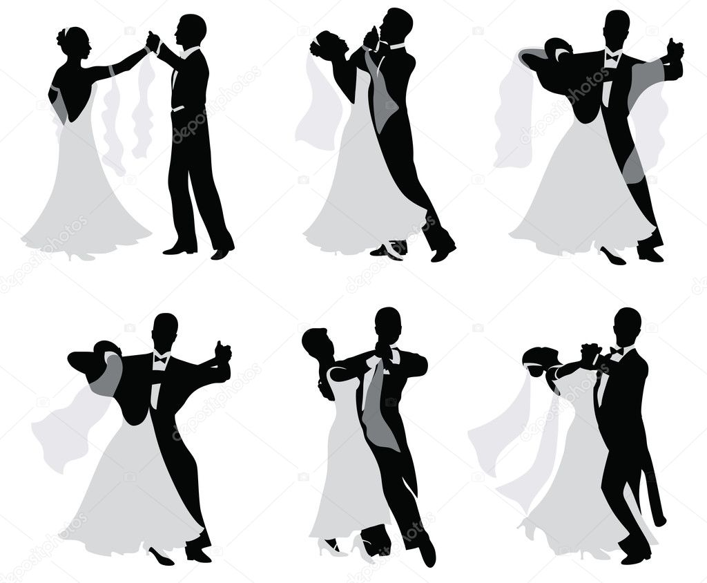 Set of vector silhouettes of dancing married couples.