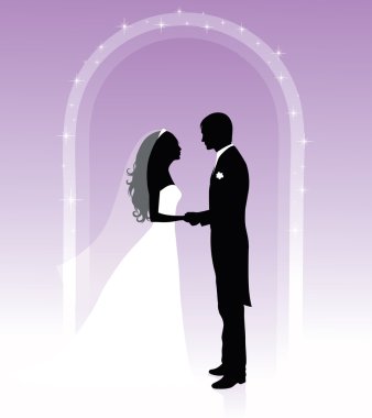 damat ve gelin el ele tutuşma ve mor zemin üzerine bir kemerin altında duran siyah beyaz silhouettes.