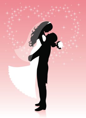 bir damat gelin sparkles bir şekil, bir kalp ile pembe bir arka plan üzerinde ellerini yukarı kaldırarak silüeti.