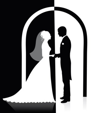 damat ve gelin el ele ve bir kemer altında duran siyah beyaz silhouettes.