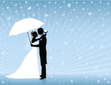 siluet duran ve üzerinde mavi arka plan sarılma gelin ve damat. bir şemsiye tutan damat. Hearts Yağmur.