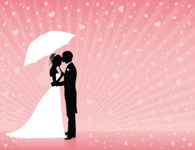 siluet duran ve pembe bir arka plan üzerinde sarılma gelin ve damat. bir şemsiye tutan damat. Hearts Yağmur.