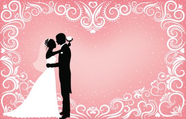 desen, sparkles ile pembe bir arka plan üzerinde bir kalp şeklinde ve silüetler, damat ve gelin.