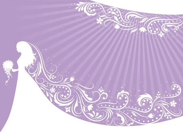 Silhouette of a bride with a patterned veil on a purple background. — Stock Vector