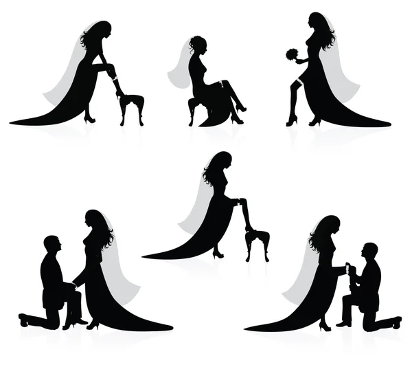 Silhouetten van een bruid een been met een kousenband waarop het en silhouetten van een bruidegom een kousenband zetten van een bruid been — Stockvector