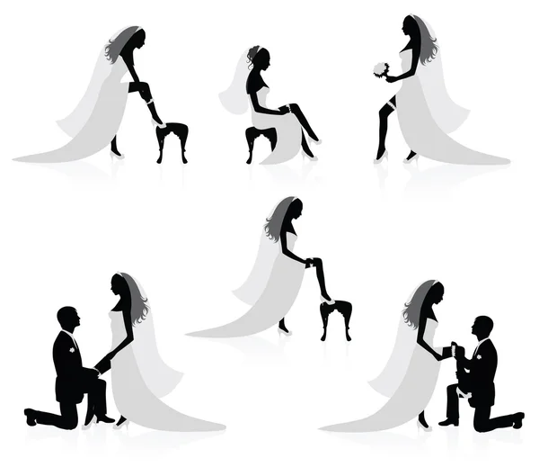 Silhouettes d'une mariée montrant une jambe avec une jarretière dessus et silhouettes d'un marié mettant une jarretière sur la jambe d'une mariée — Image vectorielle