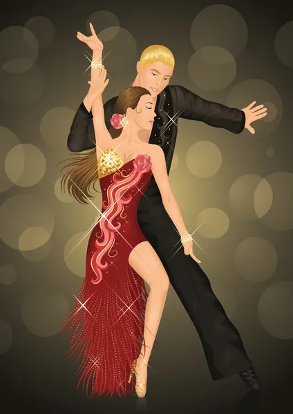 Pareja es latino bailando sobre el fondo oscuro . — Vector de stock