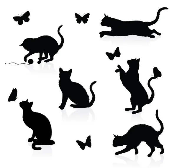 Silhouettes of cats with butterflies. — Stock Vector