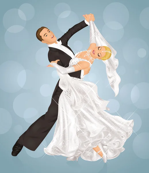 Pareja casada es baile de salón en el fondo azul . — Vector de stock