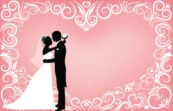 Muster in Herzform auf rosa Hintergrund mit Funkeln und Silhouetten von Bräutigam und Braut. — Stockvektor