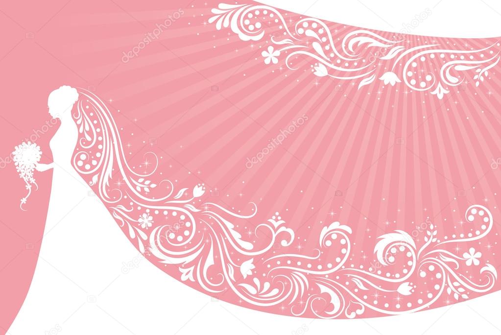 Silhouette of a bride with a patterned veil on a pink background.