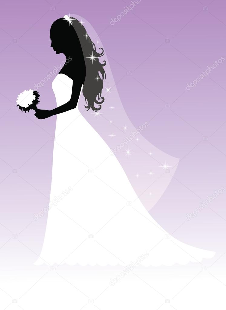 Silhouette of a beautiful bride standing and holding a bouquet on a purple background.