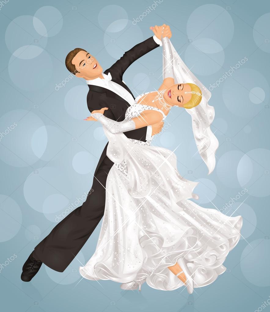 Married couple is ballroom dancing on the blue background.