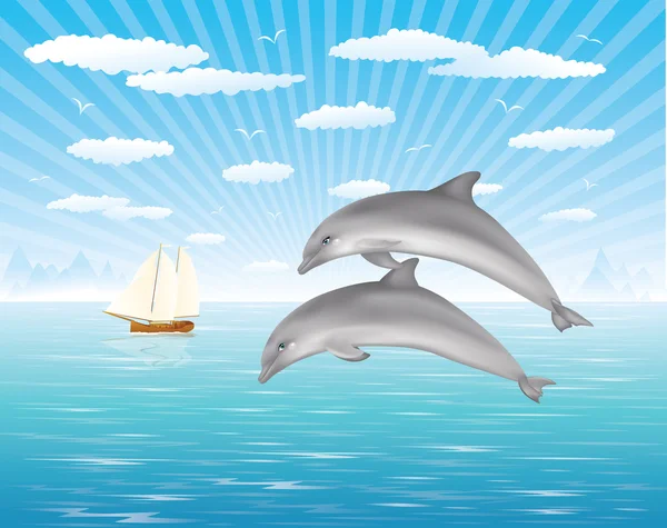 Two dolphins jumping out of water in the ocean. Sailing ship on the background. — Stock Vector