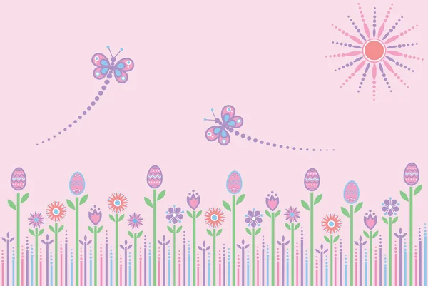 Fondo de Pascua con huevos, flores y mariposas . — Vector de stock