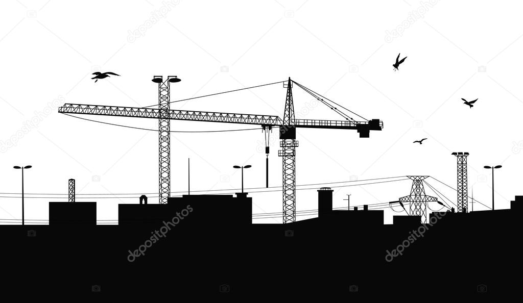 Silhouette of a buildings being built with a crane on the construction plant.