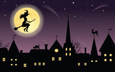 Silhouette of a witch on a broom flying over a town. Full moon and stars on the background. clipart