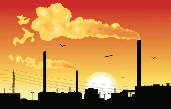 Silhouette of a factory with smoke coming out of chimneys at sunset. — Stock Vector