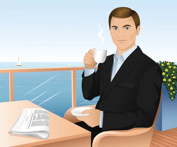 Όμορφος νεαρός άνδρας σε ένα σκούρο κοστούμι, πίνοντας τσάι και η ανάγνωση μιας εφημερίδας σε μια καφετέρια στην παραλία — Διανυσματικό Αρχείο