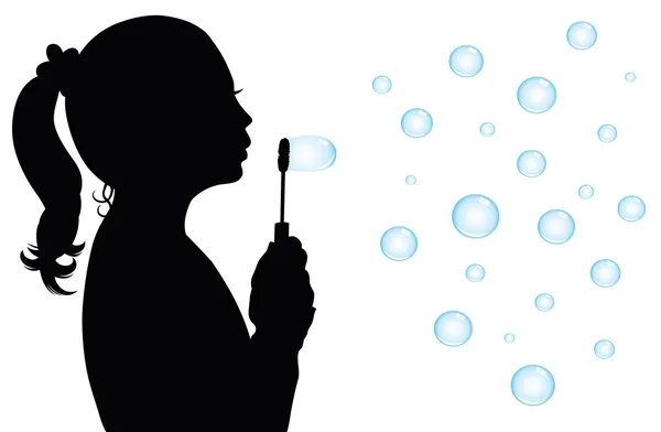 A Silhouette of a young girl blowing bubbles. — Stockvector