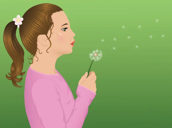 Young cute girl blowing a dandelion. — Stock Vector