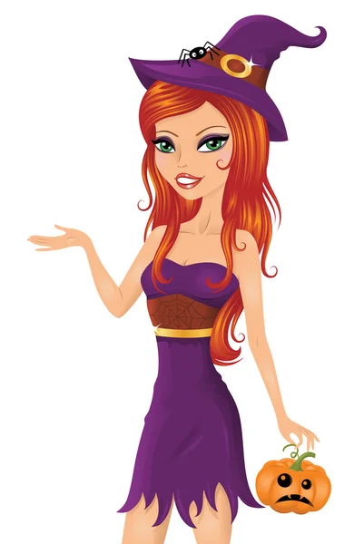 Cute red-haired witch with a pumpkin. — Stock Vector