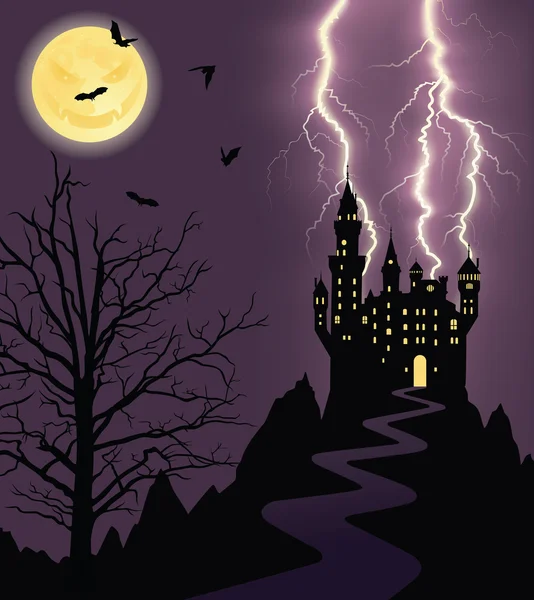 Full moon, flying bats and silhouette of a castle on a mountain. — Stock Vector